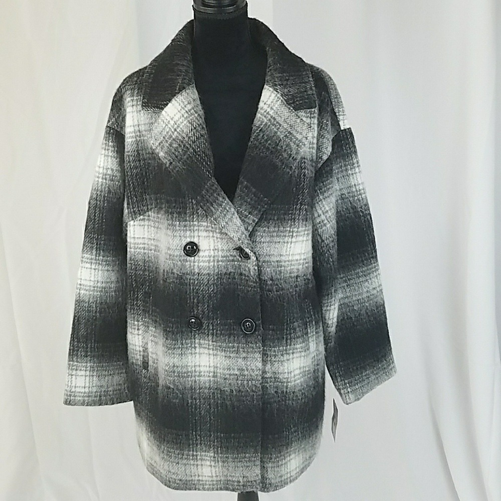 Wild Flower Plaid Peacoat Womens XL Gray Black Heavy Lined dark academia career
